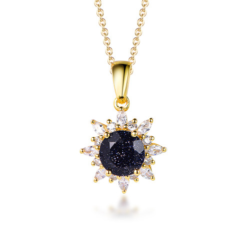 6.5mm Round Blue SandStone Marquise Moissanite Pendant 14K Yellow Gold