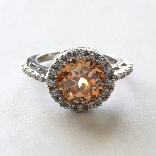 9mm Round Citrine Engagement Ring in Silver White Gold Plated, Size 5#