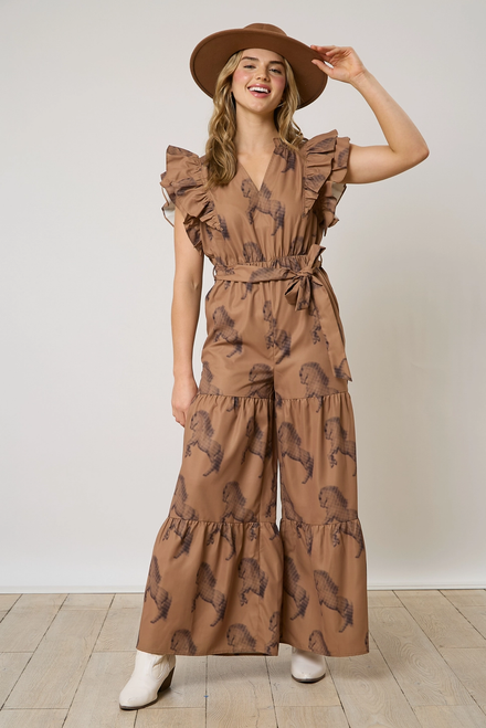 Halftone Horse Print Jumpsuit - Brown