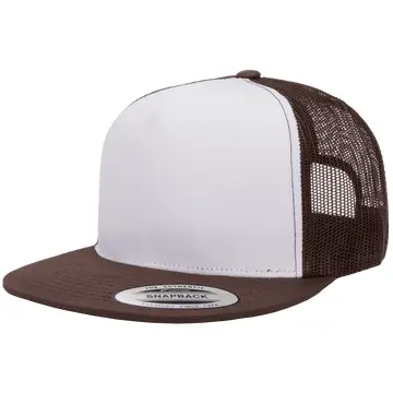 Yupoong 6006W Premium Trucker Snapback Hat, Flat Bill Cap with Mesh Back, White Front - YP Classics® | Brown/White/Brown