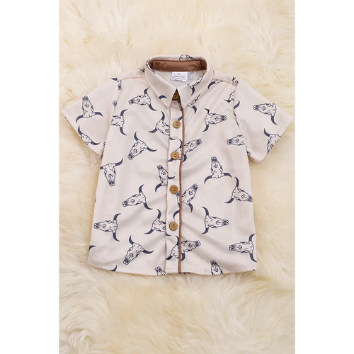 BULL SKULL PRINTED BOYS BUTTON UP SHIRT