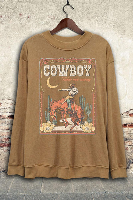 COWBOY TAKE ME AWAY BRONC LONG SLEEVE SWEATSHIRT - MINERAL MUSTARD