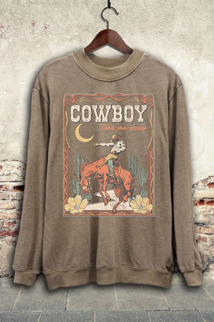 COWBOY TAKE ME AWAY BRONC LONG SLEEVE SWEATSHIRT - MINERAL TAUPE