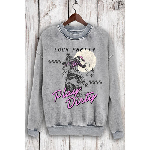 LOOK PRETTY PLAY DIRTY LONG SLEEVE SWEATSHIRT - MINERAL GREY