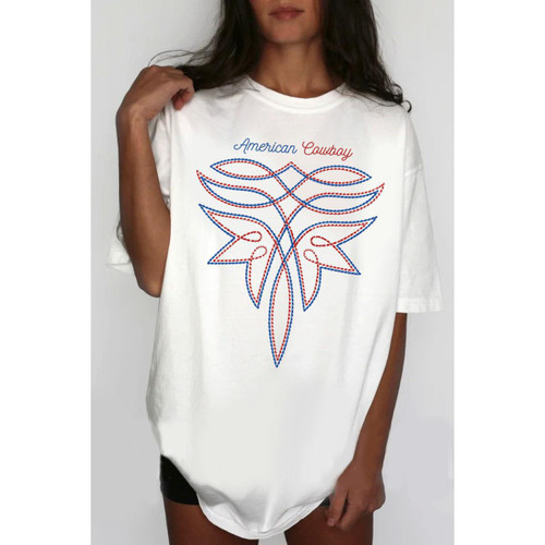 American Cowboy Boot Stitch Oversized Mineral Graphic Tee - White