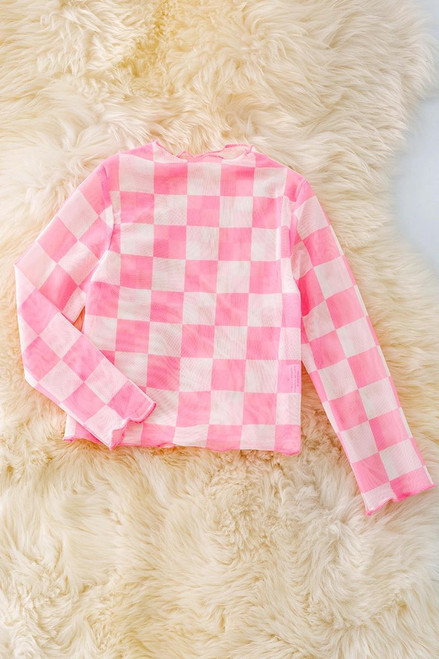 Pink & White Checkered Mesh Top