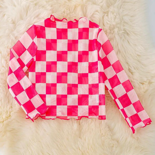 Fuchsia & White Checkered Mesh Top