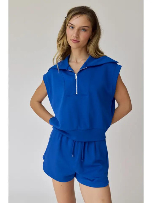 Half Zip Cropped Sweatshirt and Shorts Set - Cobalt Blue