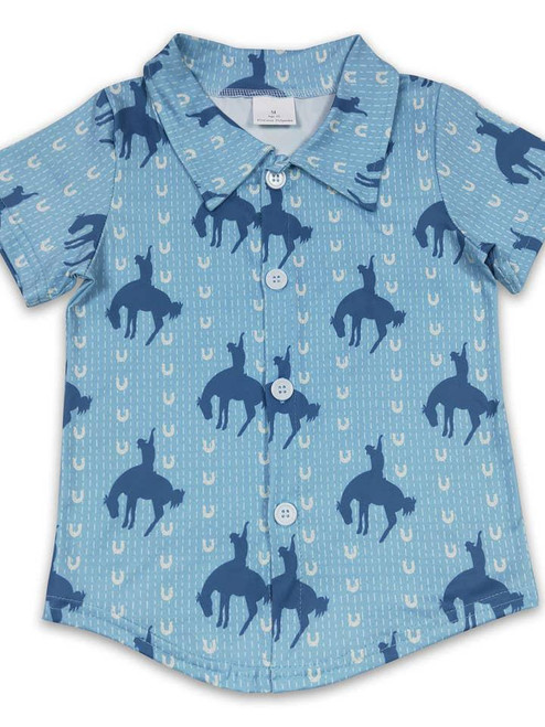 Blue Short Sleeves Rodeo Boy Button Up Shirt