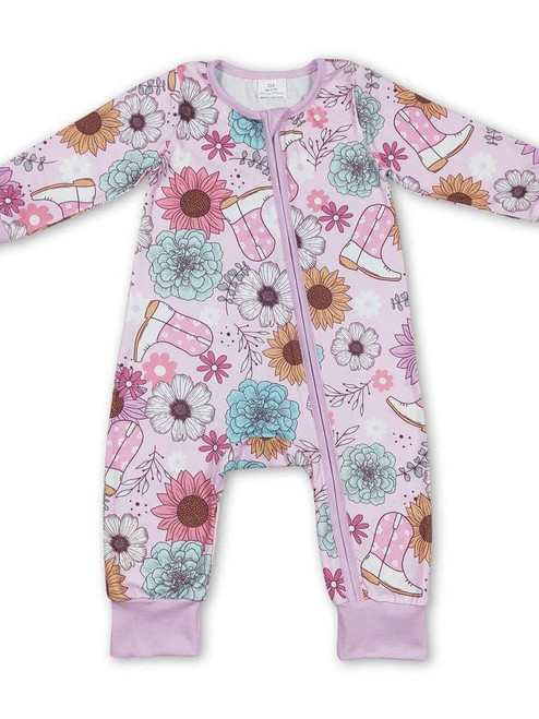 Pink Flower Boots Western Baby Girls Zipper Romper