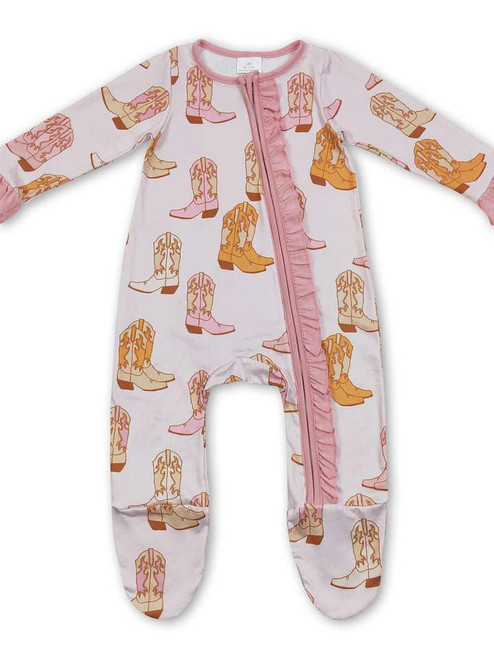 Pink Ruffle Boots Western Baby Footed Zipper Coveralls