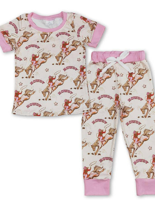Pink Short Sleeves Horse Rodeo Howdy Girls Pajamas