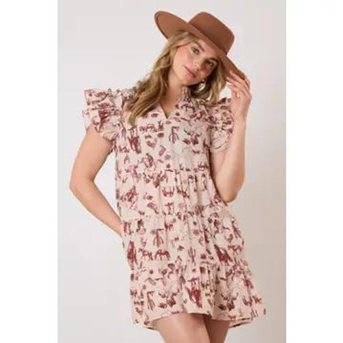 Western Print Sleeveless Mini Dress - Brown Western Print Sleeveless Mini Dress - Brown