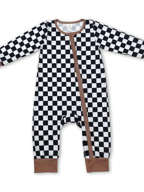 Long Sleeves Plaid Baby Kids Bamboo Zipper Romper