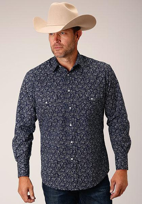 NAVY & WHITE FLORAL PRINT PEARL SNAP - 01-001-0019-3055