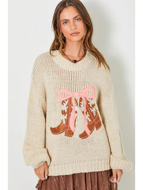 Cowboy Boots with Ribbon Knit Sweater