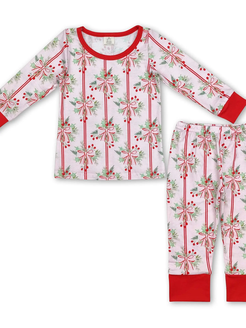 Red Long Sleeves Pink Bow Girls Bamboo Christmas Pajamas