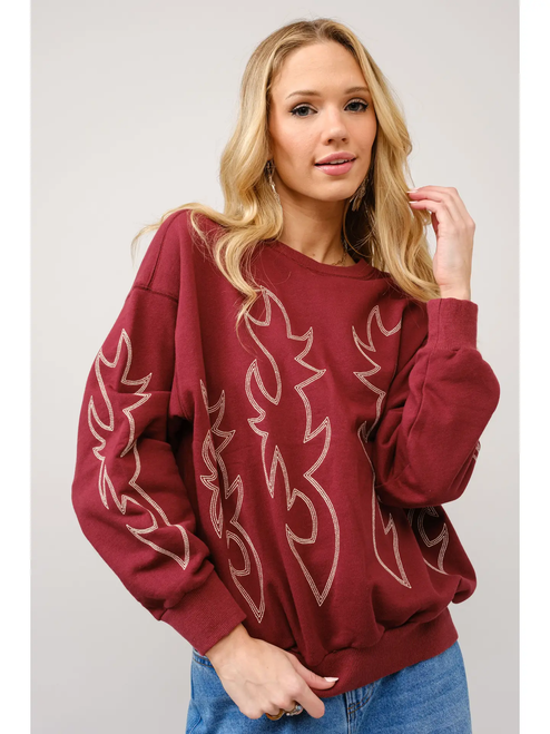 Western Boots Stitch Pullover Sweatshirt - Red