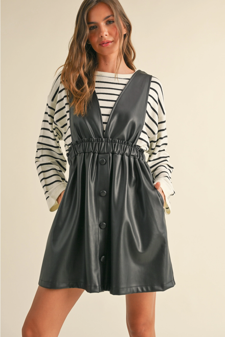Faux Leather Button Front Dress