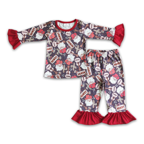 Howdy Santa Guitar Cactus Kids Western Christmas Pajamas Girls