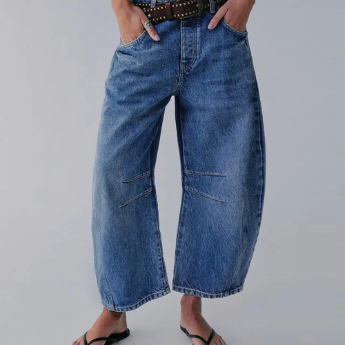 Slouchy Curved Leg Shape Barrel Jeans - BLUE