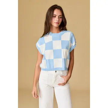 Hannah Loose Fit Checker Knit Top - Blue