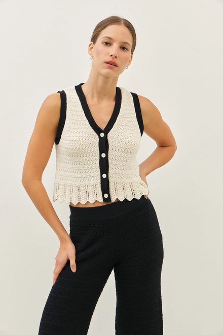 V-Neck Button-Down Crochet Sweater Top with Scallop Hem