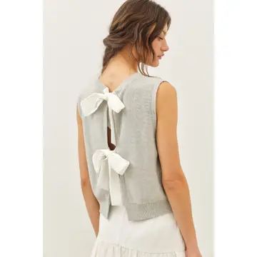Sweater Tank Top with Back Contrast Bow - Grey/Cream