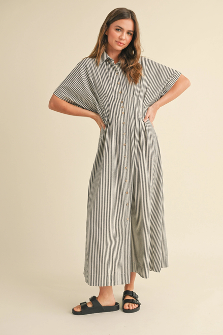 Striped Buttondown Shirt Dress - Black Stripe