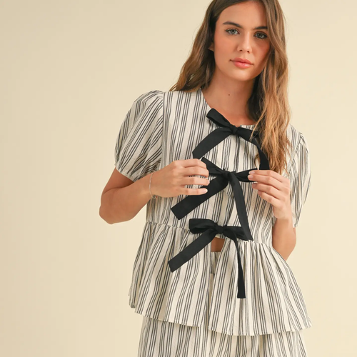 Striped Pattern Ruffled Blouse - Black
