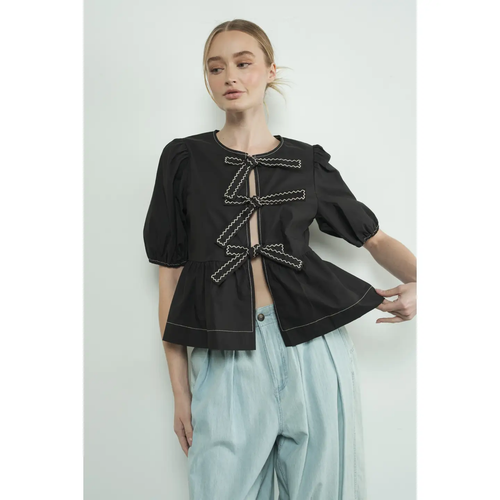Embroidered Bow Tie Peplum Blouse - Black