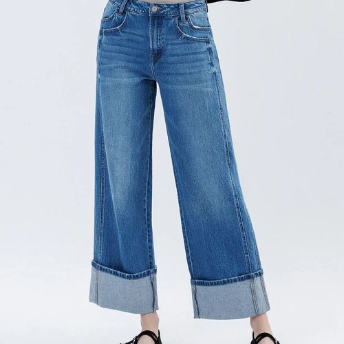 Super High Rise Cuffed Baggy Wide Jeans - Dark Denim 6515