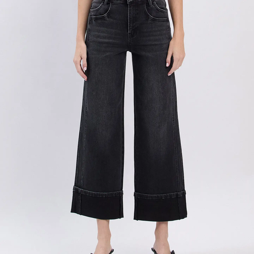 Super High Rise Cuffed Baggy Wide Jeans - Black