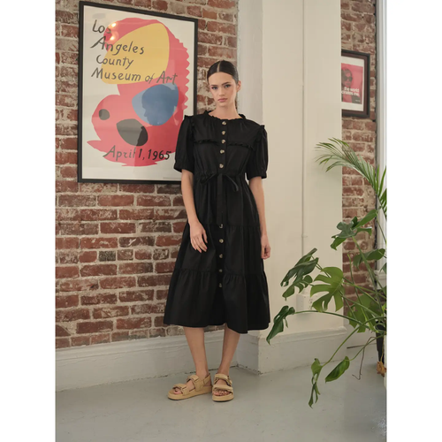 Poplin Ruffle Button Down Dress - Black