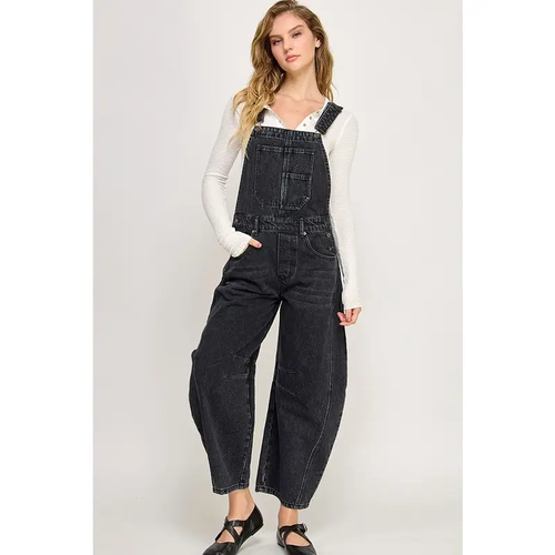 Black Denim Barrel Overall Jumpsuits