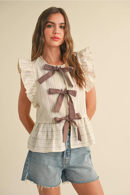 Striped with Tie Front Ruffle Sleeveless Blouse - Mocha