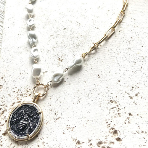 Bee Coin Necklace Vintage Glass Pearl Matte Gold Jewelry