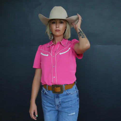 Hot Pink Short Sleeve Pearl Snap Western Blouse