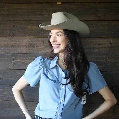 Denim Blue and Navy Pearl Snap Western Blouse