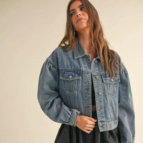 Long Sleeve Puff Sleeve Denim Jacket - lighter wash