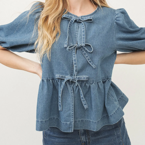 Denim Front Bow Tie Peplum Blouse