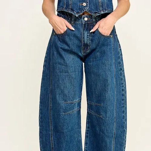 Mid Rise Fancy Dark Wash Barrel Jeans