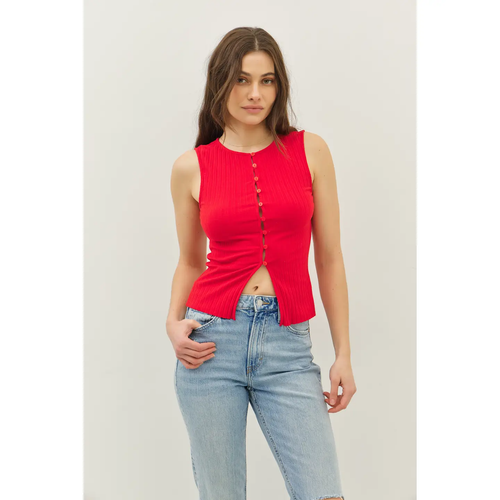 Ribbed Knit Button-Down Sleeveless Top