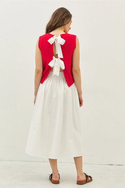 Sweater Vest Top with Back Contrast Bow Tie Details - Red