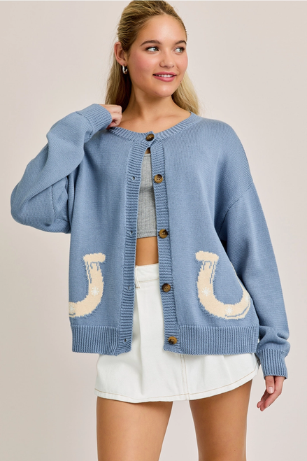 "Horseshoe" Graphic Long Sleeve Round Neck Cardigan