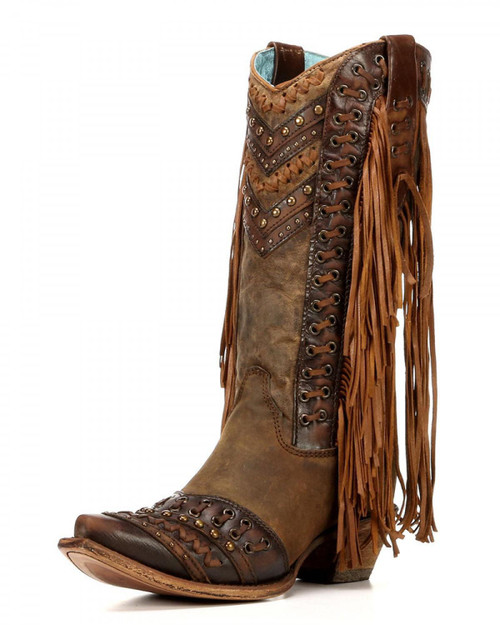 LD BROWN/ TAN WOVEN DETAILS & FRINGED SIDES C2986