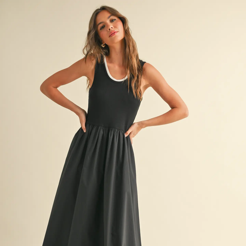 Ribbed Top Woven Skirt Combo Dress - Black