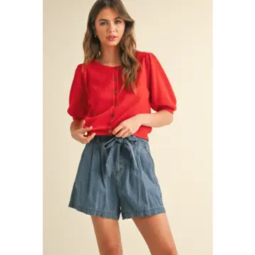 Puff Short Sleeve Button Down Knit Cardigan - Red