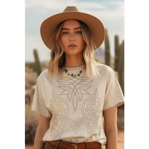 Cowboy Boots Toe Stitched Mineral Graphic Top - Mineral Oatmeal