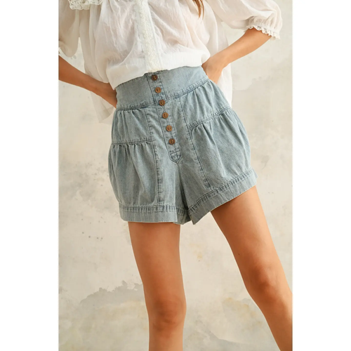Tiered Button Down Denim Shorts